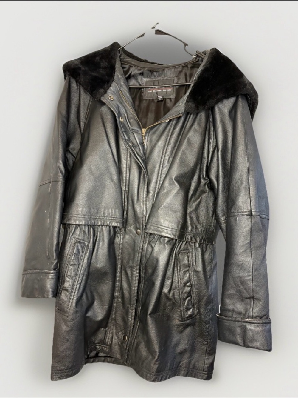 Wilsons Black Leather Faux Fur Hooded Trench Coat Thinsulate  Pockets SZ-M